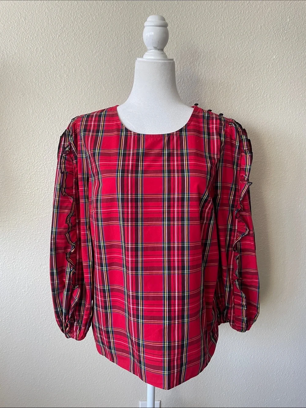 J.Crew Red Tartan Plaid Ruffle Sleeve Cotton Blouse Medium Holiday Preppy Top